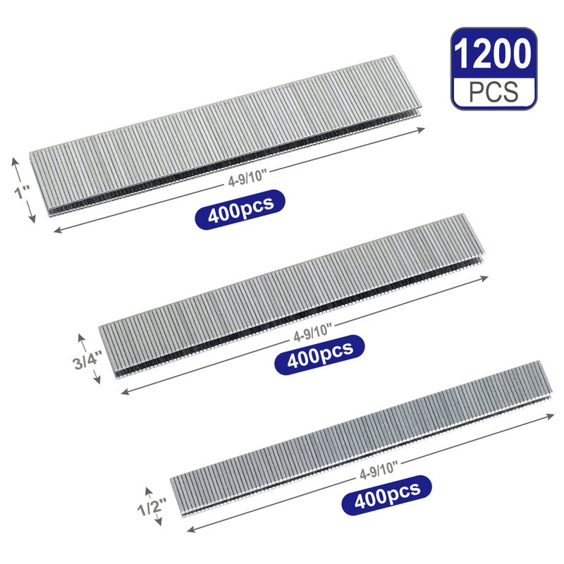 HW HAMWOO 18 Gauge by 1/2 to 1 in Multi-Pack Narrow Crown Staples, 1200-Pack Including 1/2"- 400; 3/4"- 400; 1"- 400 (Silver) - Image 2